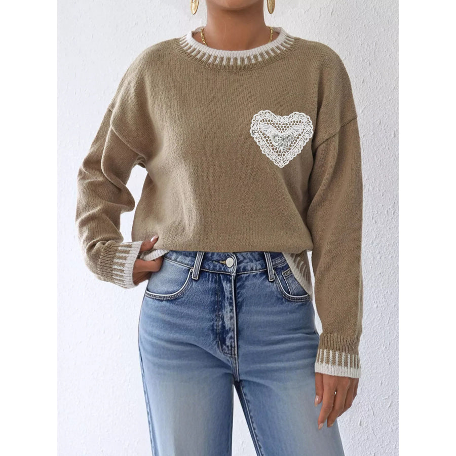 Lace Heart Contrast Trim Sweater Apparel and Accessories