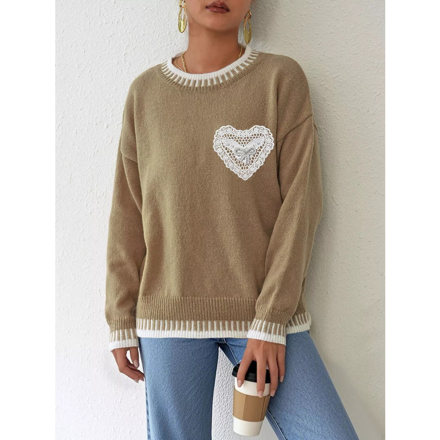 Lace Heart Contrast Trim Sweater Apparel and Accessories