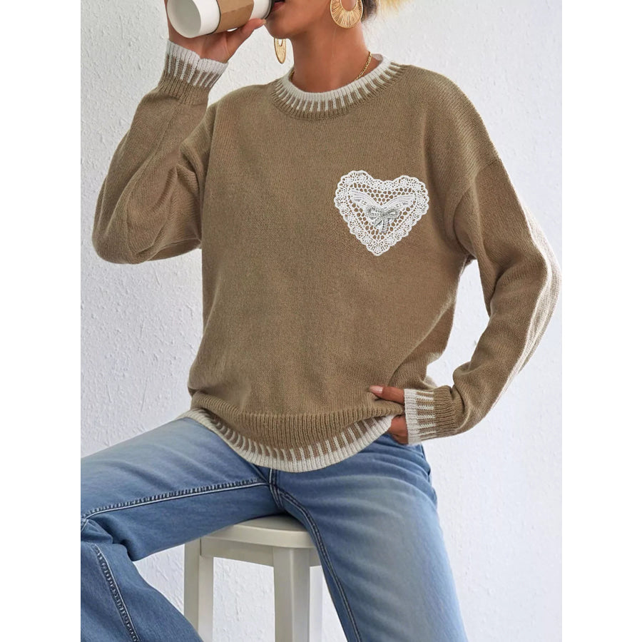 Lace Heart Contrast Trim Sweater Apparel and Accessories