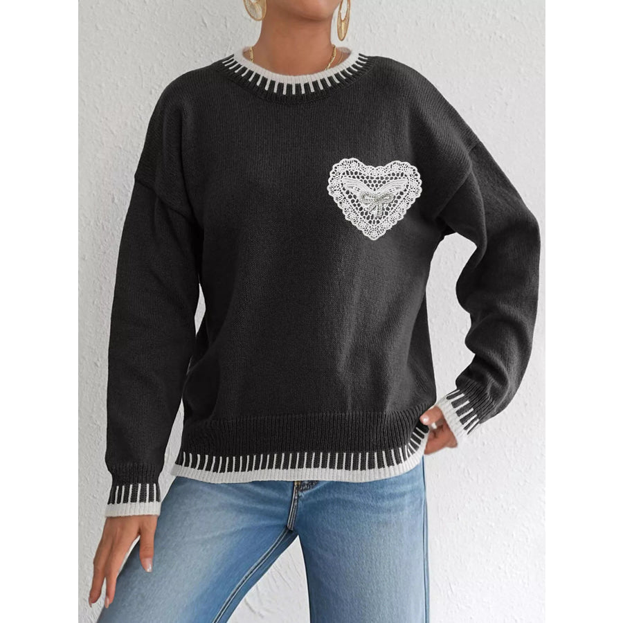 Lace Heart Contrast Trim Sweater Black / S Apparel and Accessories