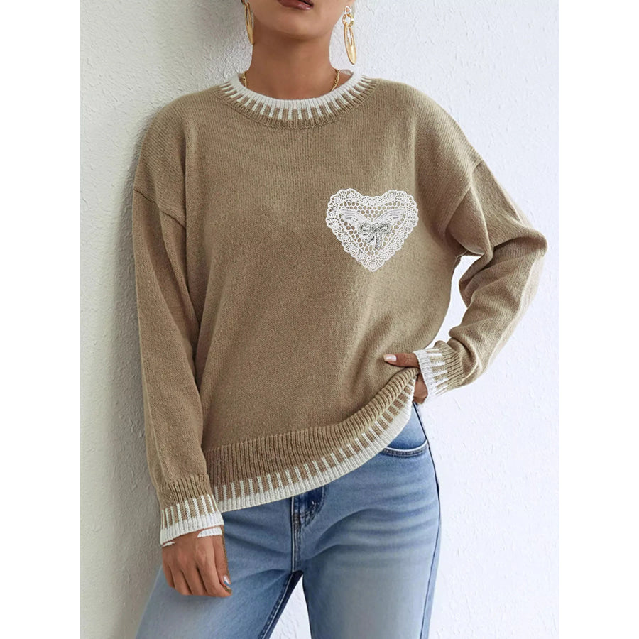 Lace Heart Contrast Trim Sweater Khaki / S Apparel and Accessories
