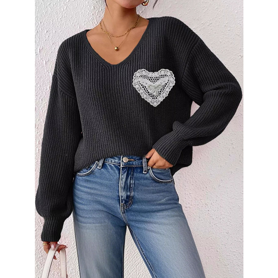 Lace Heart Dropped Shoulder Sweater Apparel and Accessories