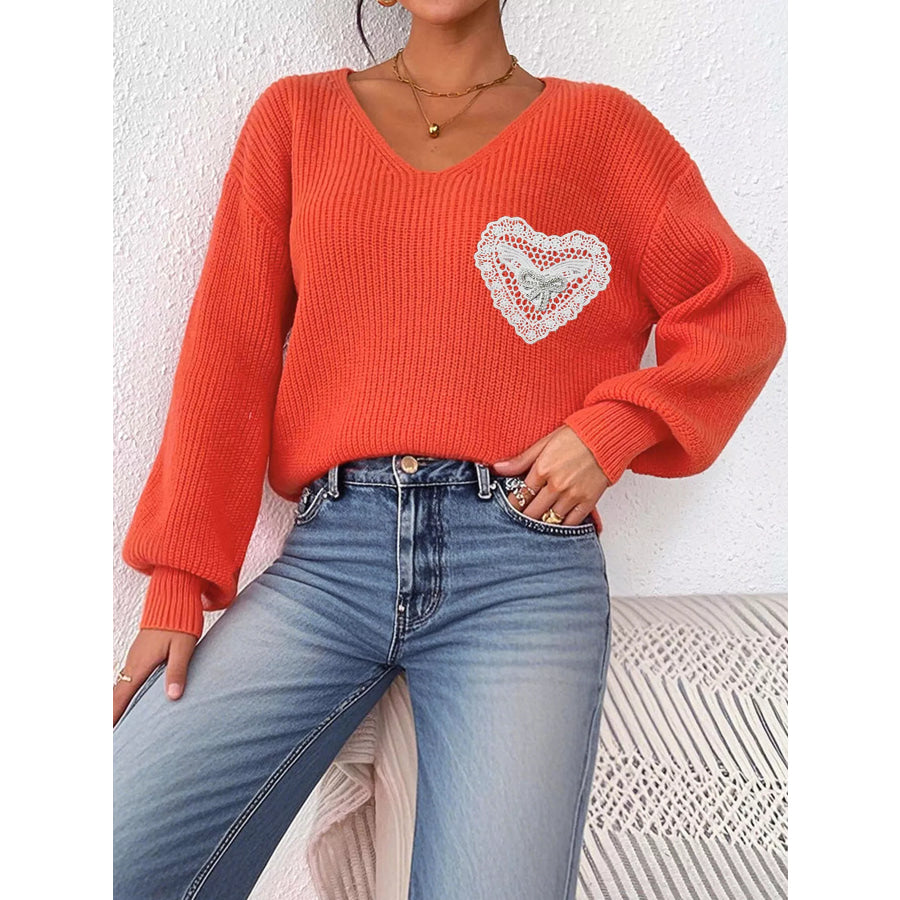 Lace Heart Dropped Shoulder Sweater Apparel and Accessories