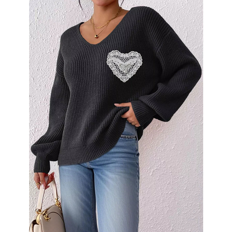 Lace Heart Dropped Shoulder Sweater Apparel and Accessories