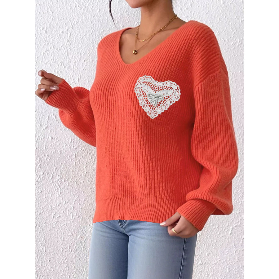 Lace Heart Dropped Shoulder Sweater Orange / S Apparel and Accessories