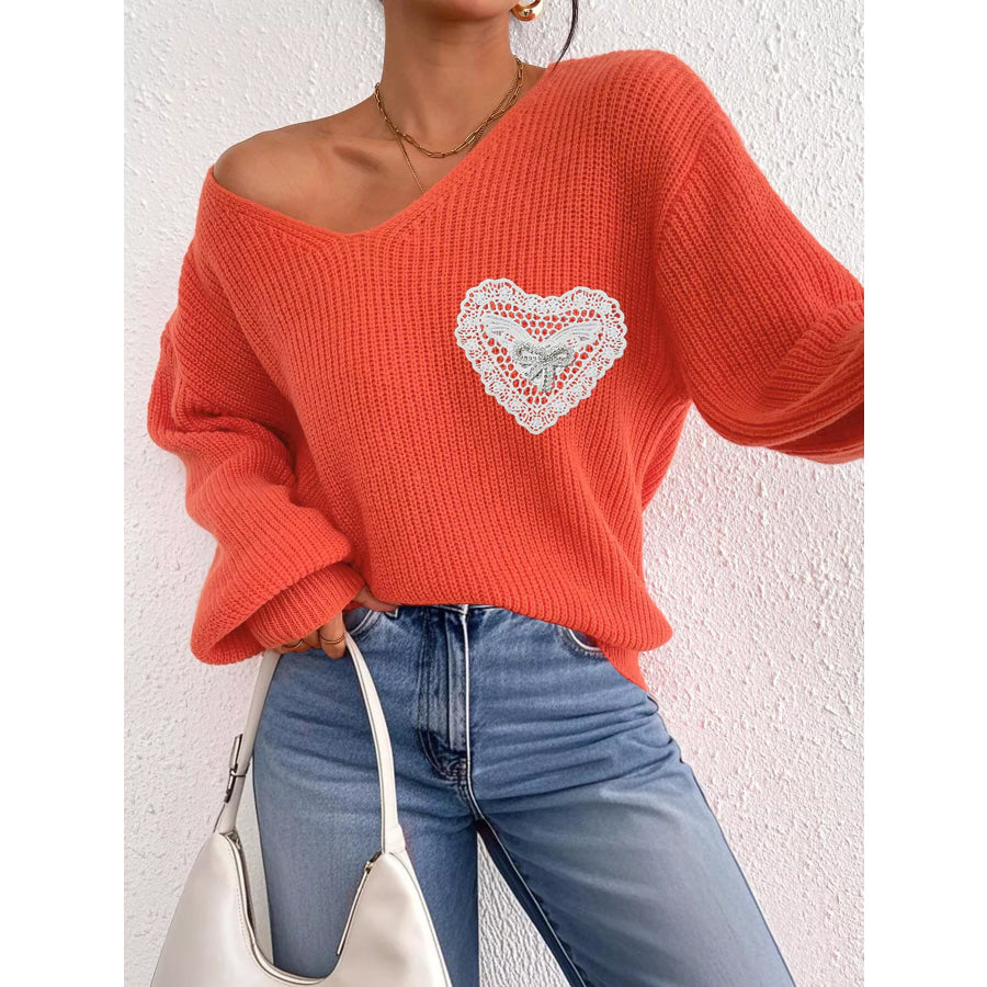 Lace Heart Dropped Shoulder Sweater Apparel and Accessories