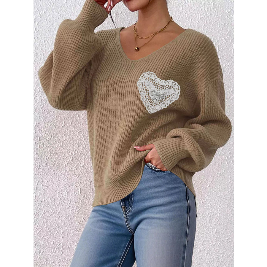 Lace Heart Dropped Shoulder Sweater Apparel and Accessories