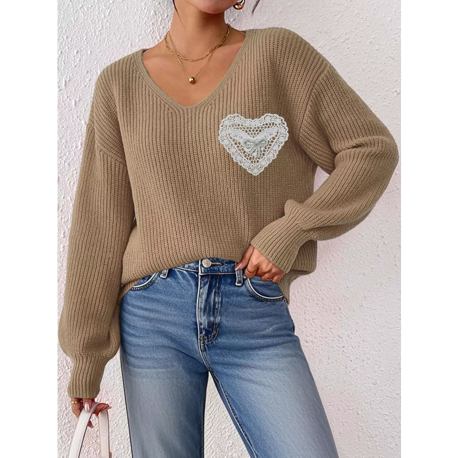 Lace Heart Dropped Shoulder Sweater Apparel and Accessories