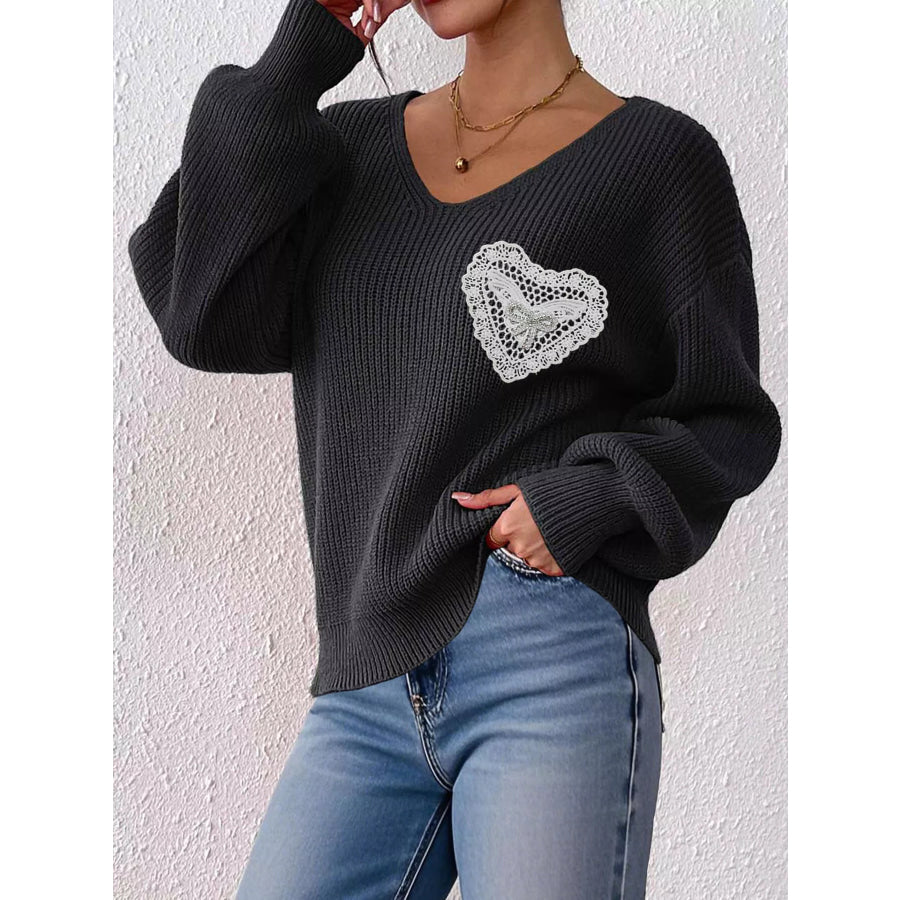 Lace Heart Dropped Shoulder Sweater Black / S Apparel and Accessories