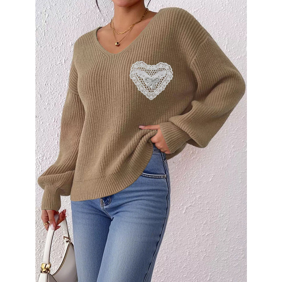 Lace Heart Dropped Shoulder Sweater Camel / S Apparel and Accessories