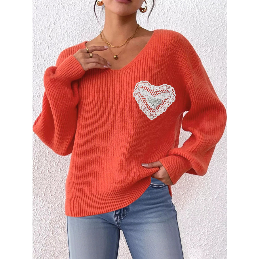 Lace Heart Dropped Shoulder Sweater Orange / S Apparel and Accessories