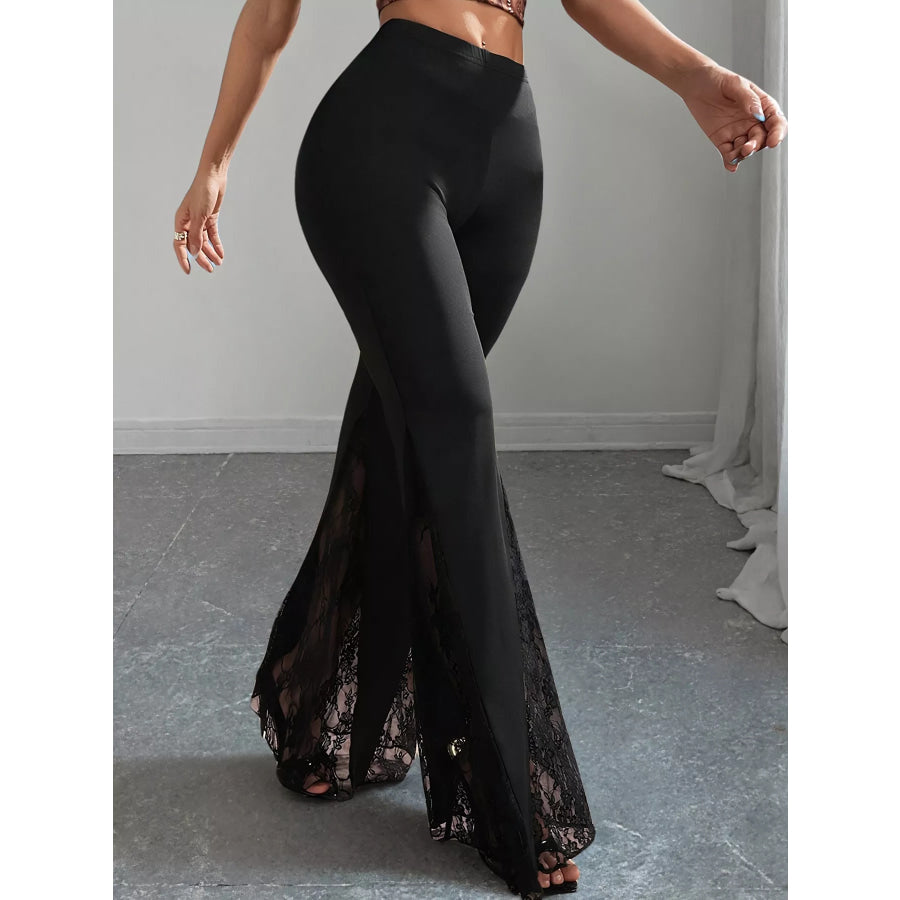 Lace Hem High-Waisted Flare Pants Black / S Apparel and Accessories