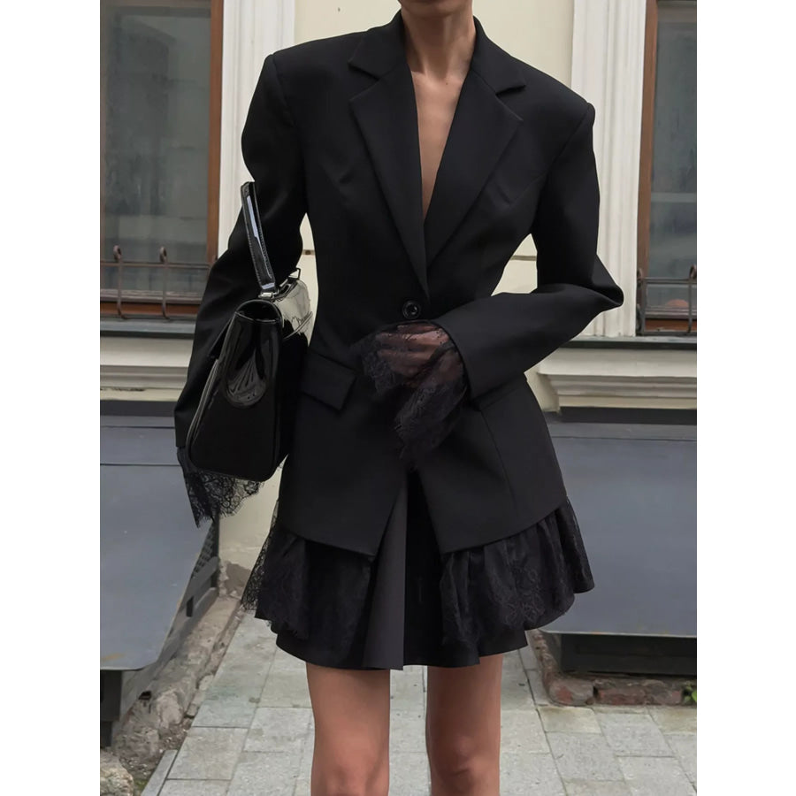 Lace Hem Lapel Collar Blazer Black / S Apparel and Accessories