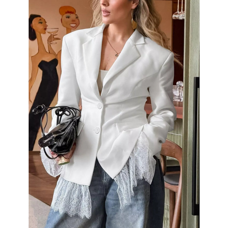 Lace Hem Lapel Collar Blazer White / S Apparel and Accessories