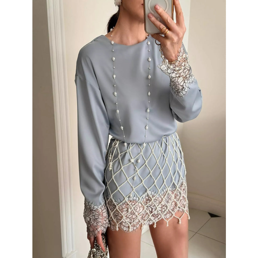 Lace Hem Long Sleeve Oversized Satin Top Apparel and Accessories
