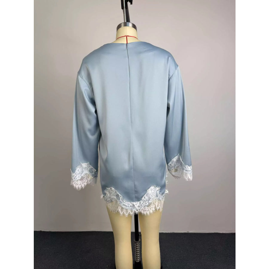 Lace Hem Long Sleeve Oversized Satin Top Apparel and Accessories