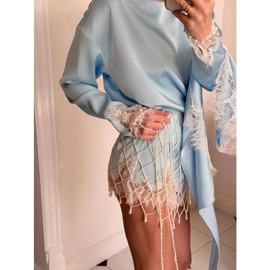 Lace Hem Long Sleeve Oversized Satin Top Apparel and Accessories