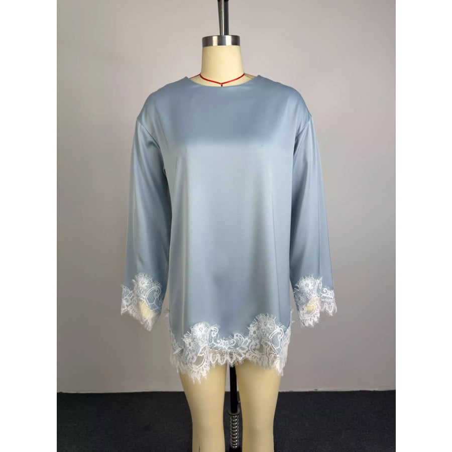 Lace Hem Long Sleeve Oversized Satin Top Apparel and Accessories