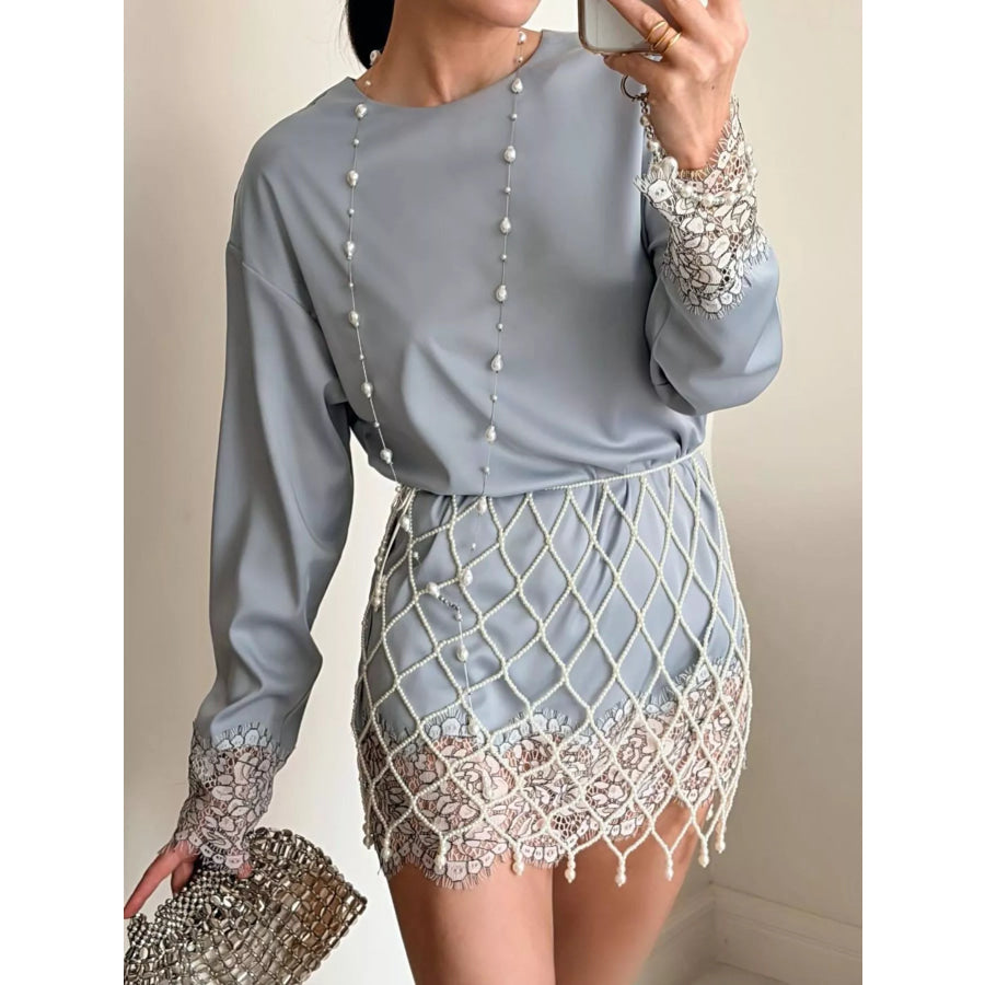 Lace Hem Long Sleeve Oversized Satin Top Apparel and Accessories