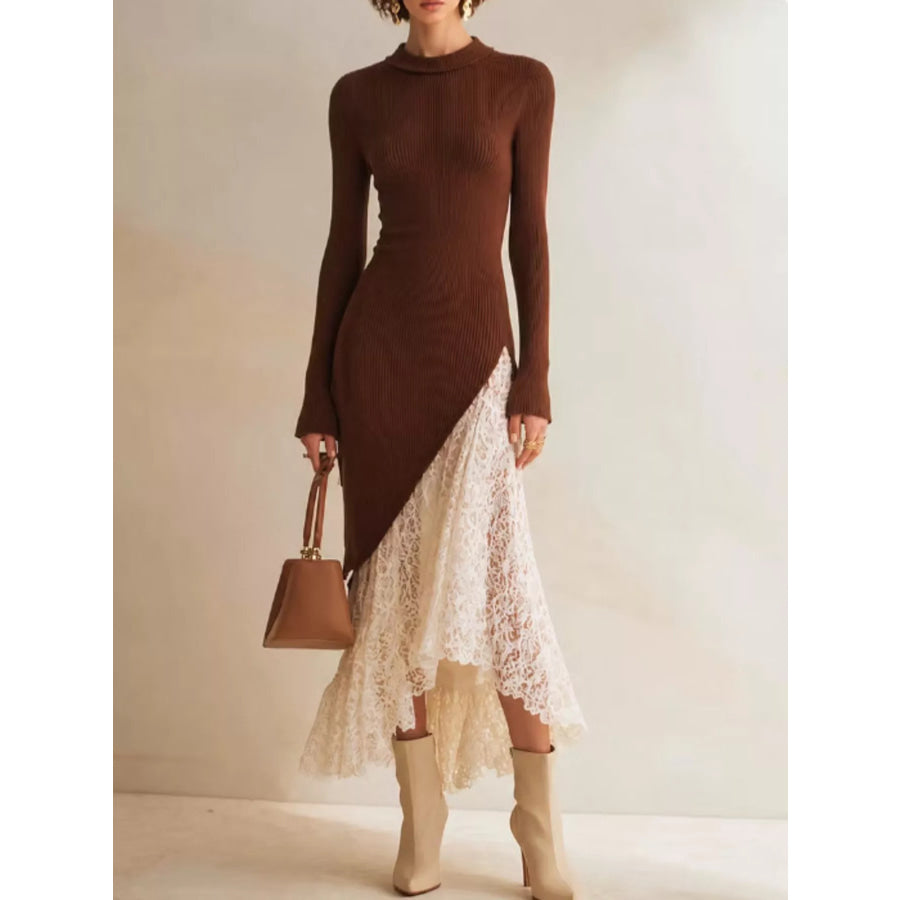 Lace Hem Mock Neck Knit Dress Brown / S Apparel and Accessories
