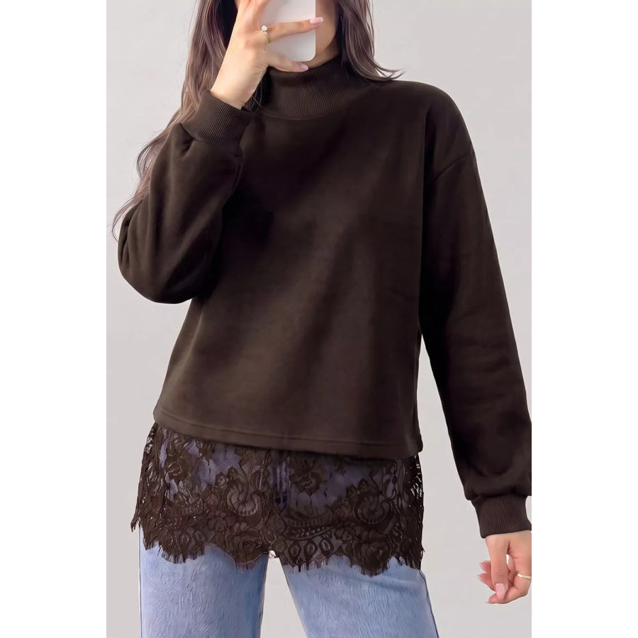 Lace Hem Mock Neck Sweatshirt Chocolate / S Apparel and Accessories