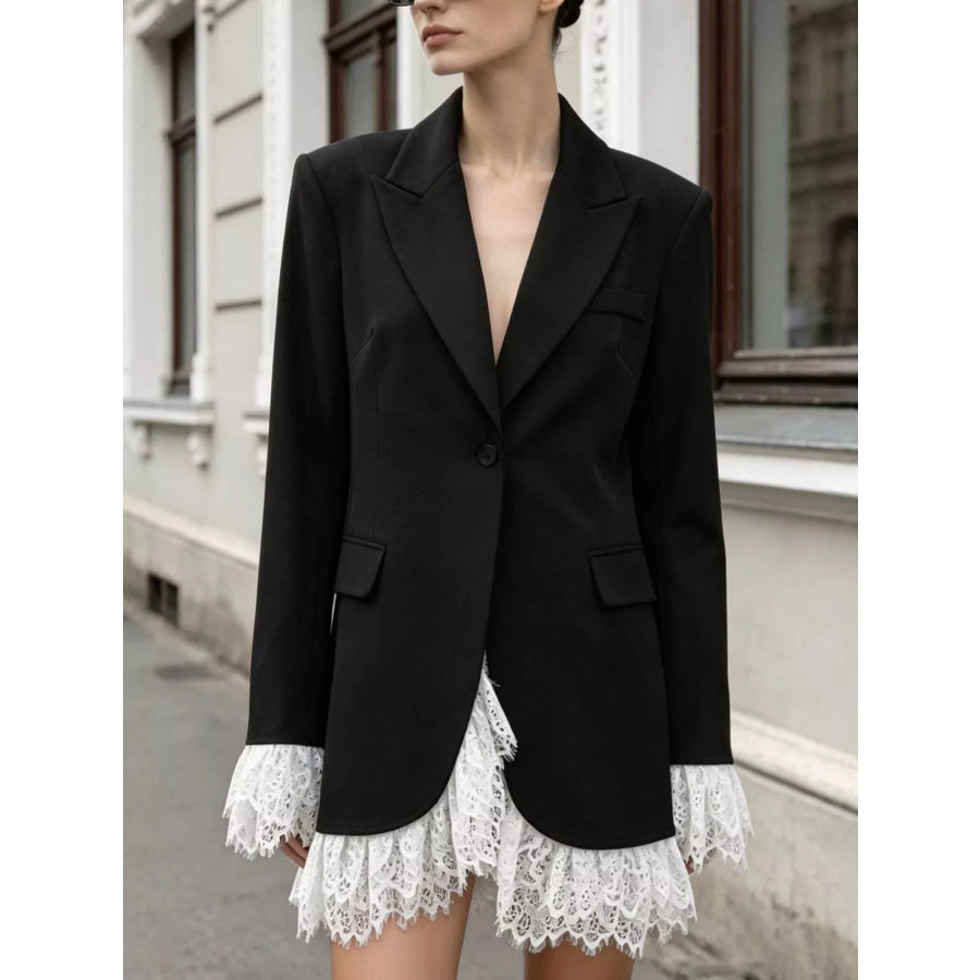 Lace Hem One Button Blazer Black / S Apparel and Accessories