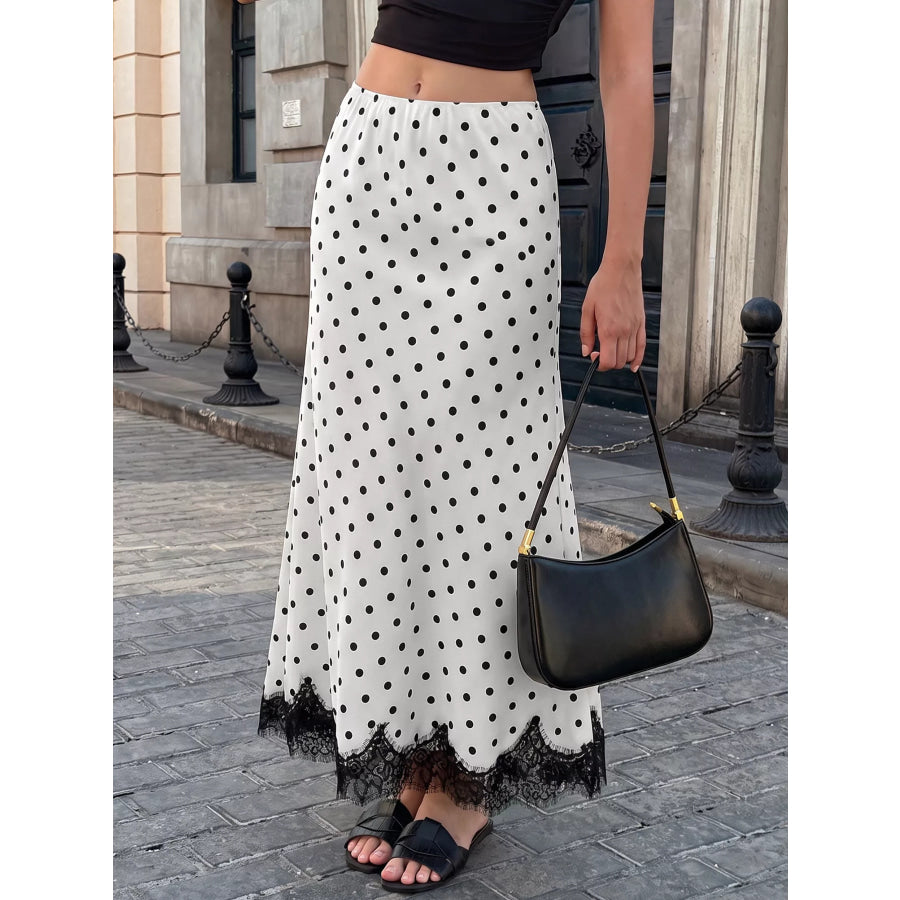 Lace Hem Polka Dot High-Waisted Maxi Skirt Apparel and Accessories