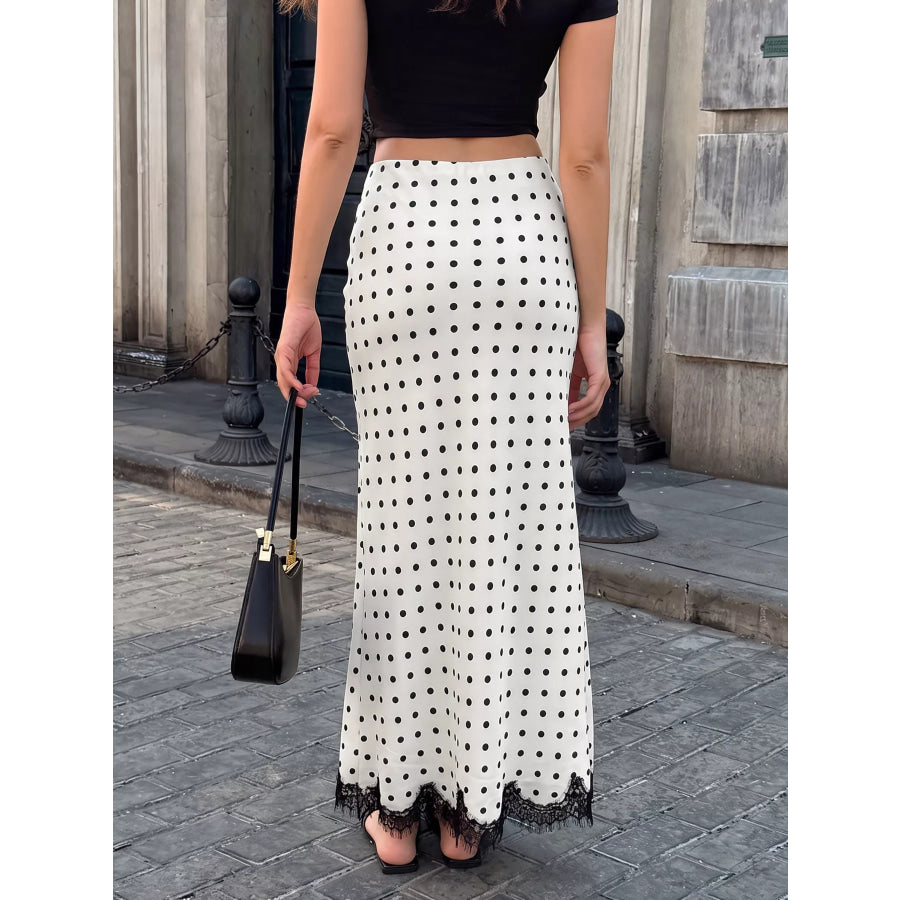 Lace Hem Polka Dot High-Waisted Maxi Skirt Apparel and Accessories