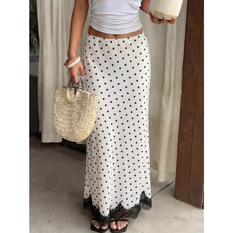 Lace Hem Polka Dot High-Waisted Maxi Skirt Apparel and Accessories