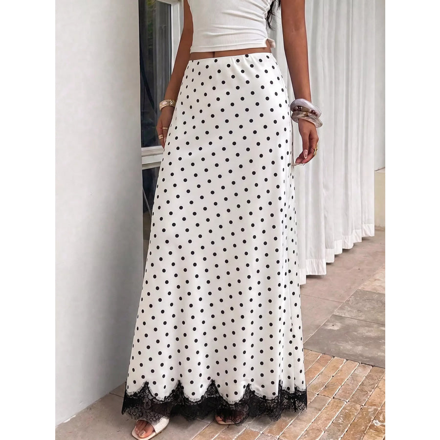 Lace Hem Polka Dot High-Waisted Maxi Skirt Apparel and Accessories