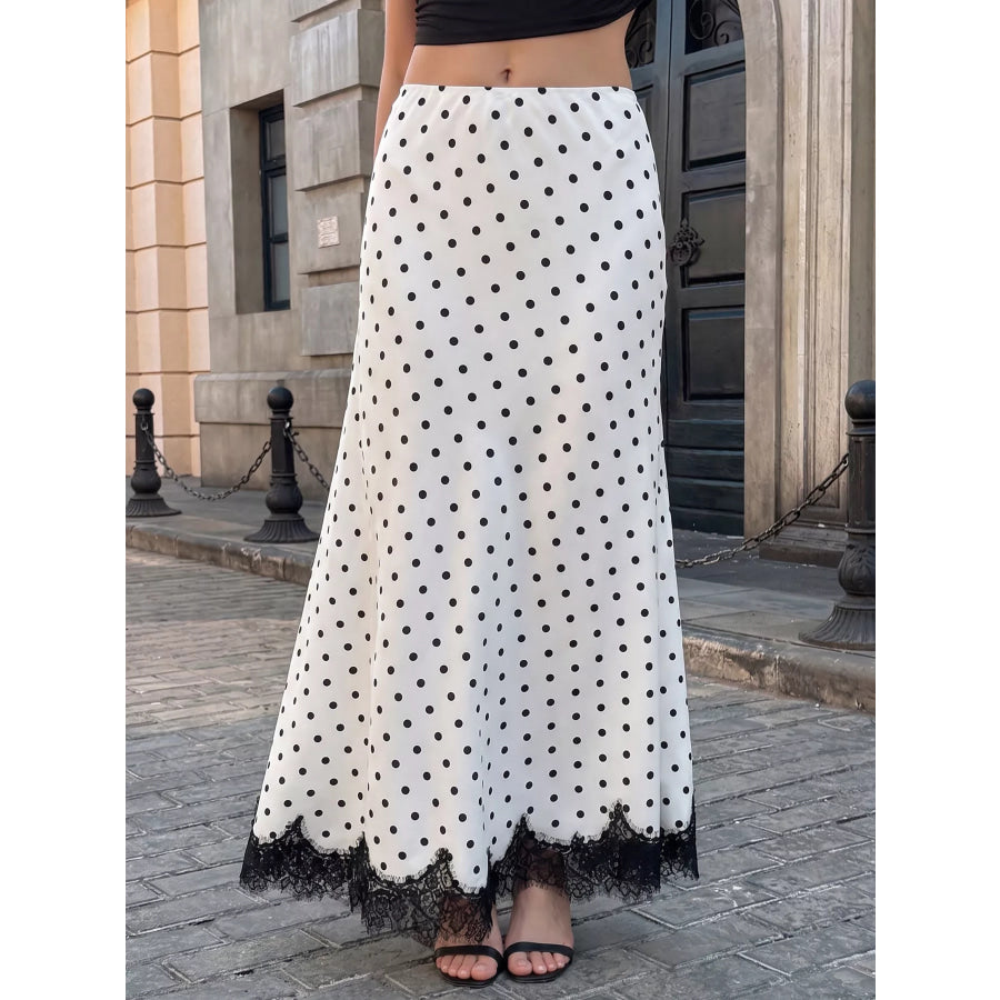 Lace Hem Polka Dot High-Waisted Maxi Skirt White / S Apparel and Accessories
