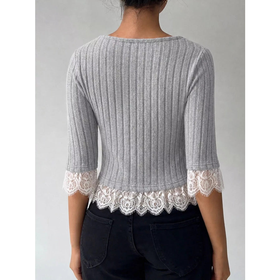 Lace Hem Ribbed Knit Button-Down Top Apparel and Accessories