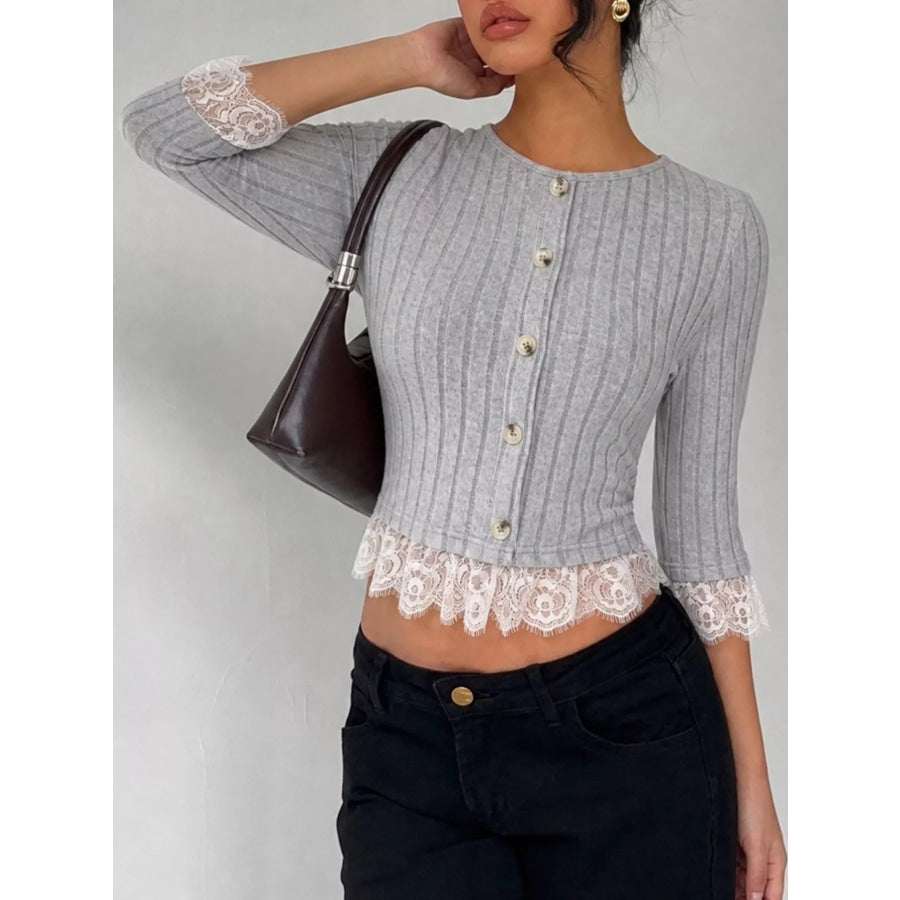 Lace Hem Ribbed Knit Button-Down Top Apparel and Accessories