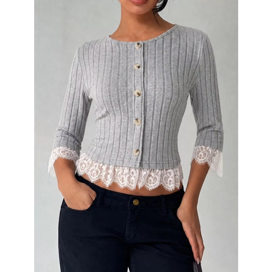 Lace Hem Ribbed Knit Button-Down Top Apparel and Accessories
