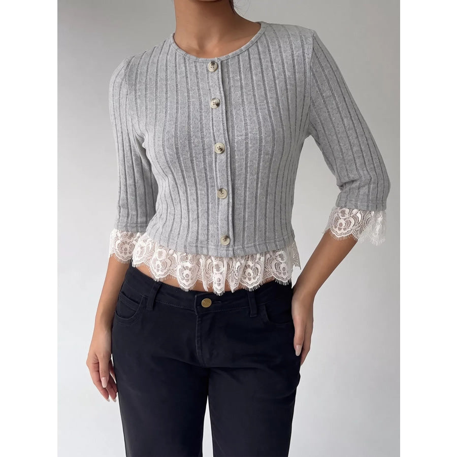 Lace Hem Ribbed Knit Button-Down Top Apparel and Accessories