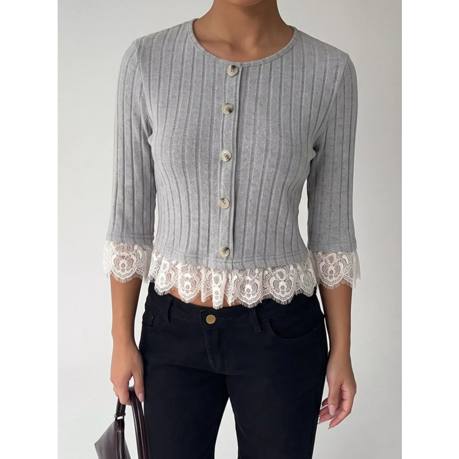Lace Hem Ribbed Knit Button-Down Top Gray / S Apparel and Accessories