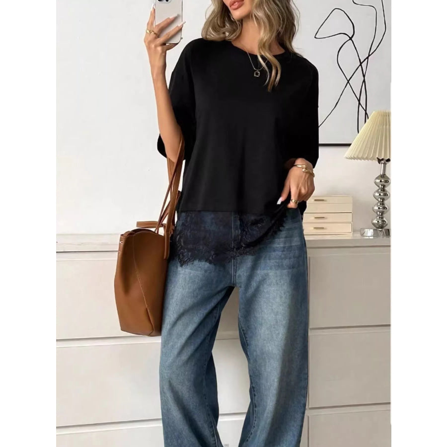 Lace Hem Round Neck T-Shirt Apparel and Accessories