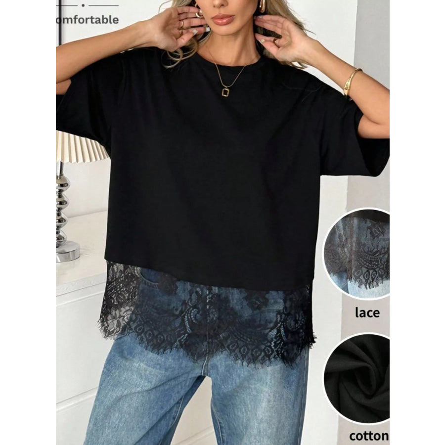 Lace Hem Round Neck T-Shirt Apparel and Accessories