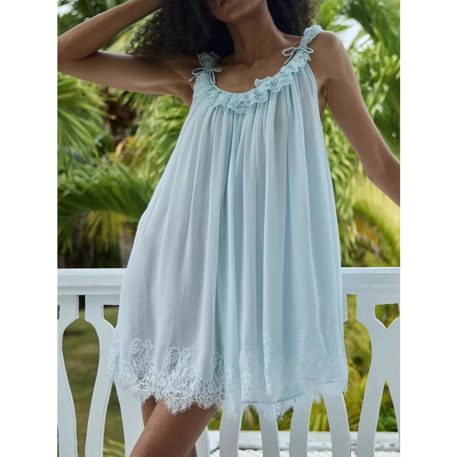 Lace Hem Ruffle-Trimmed Babydoll Dress Light Blue / S Apparel and Accessories