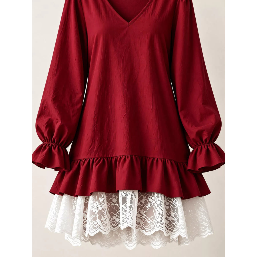 Lace Hem V-Neck Flounce Sleeve Dress Apparel and Accessories