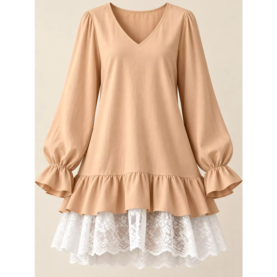 Lace Hem V-Neck Flounce Sleeve Dress Apparel and Accessories