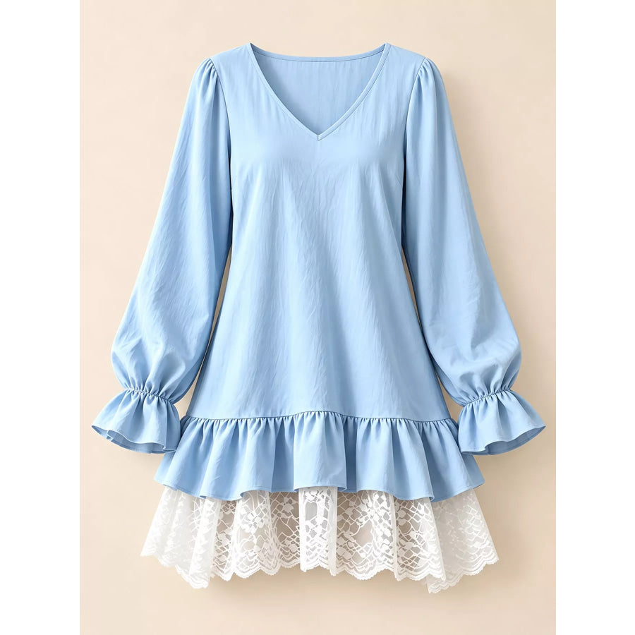 Lace Hem V-Neck Flounce Sleeve Dress Apparel and Accessories