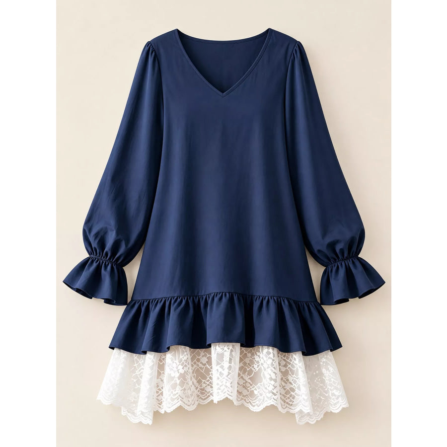Lace Hem V-Neck Flounce Sleeve Dress Apparel and Accessories