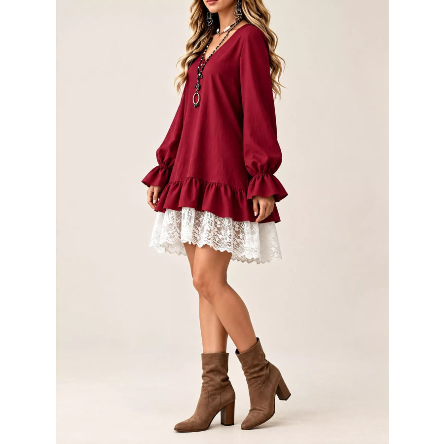 Lace Hem V-Neck Flounce Sleeve Dress Apparel and Accessories