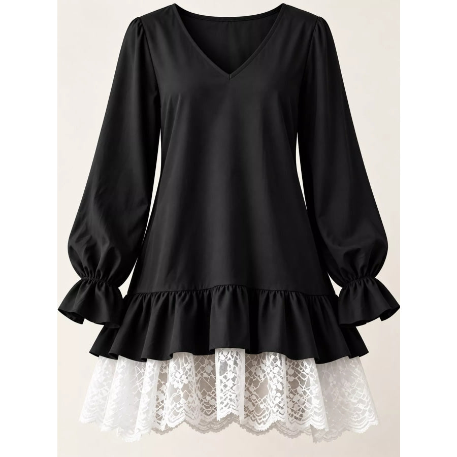 Lace Hem V-Neck Flounce Sleeve Dress Apparel and Accessories