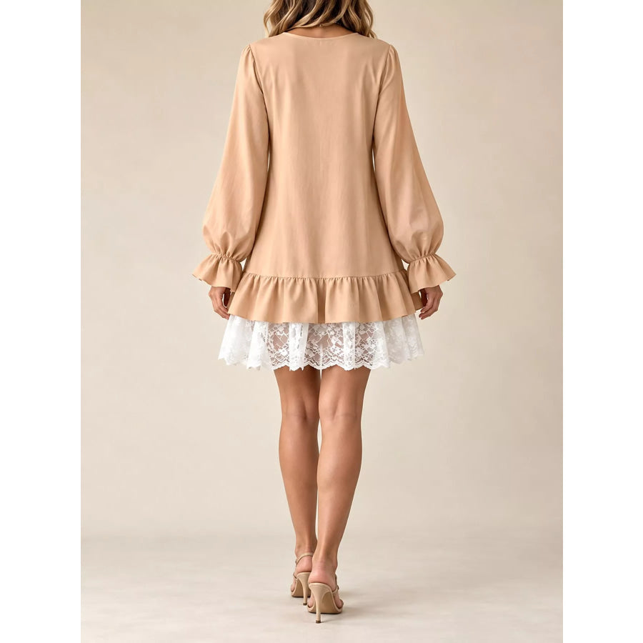 Lace Hem V-Neck Flounce Sleeve Dress Apparel and Accessories