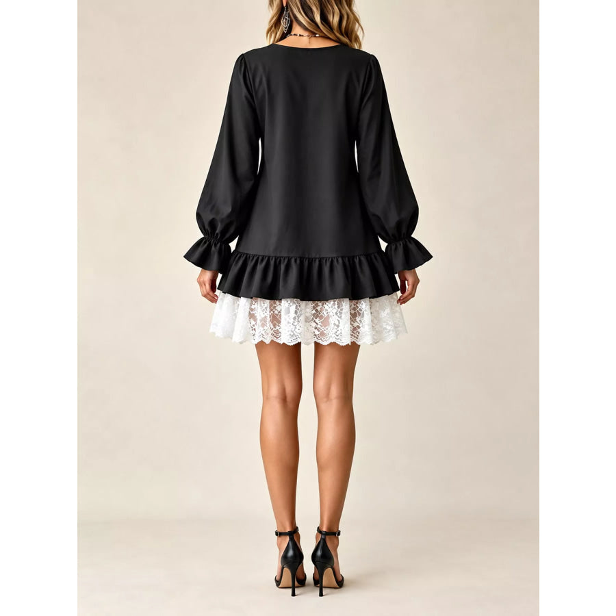 Lace Hem V-Neck Flounce Sleeve Dress Apparel and Accessories