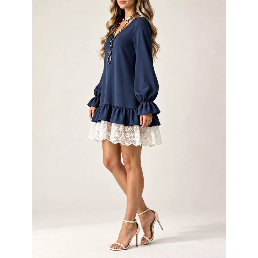 Lace Hem V-Neck Flounce Sleeve Dress Apparel and Accessories