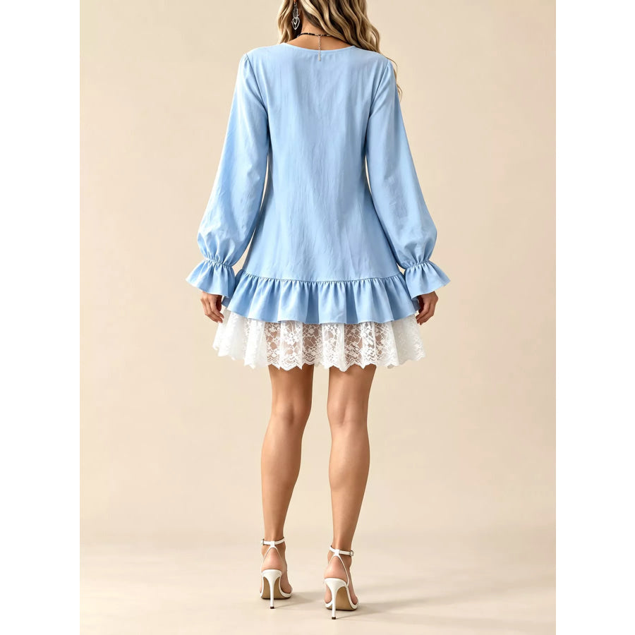 Lace Hem V-Neck Flounce Sleeve Dress Apparel and Accessories