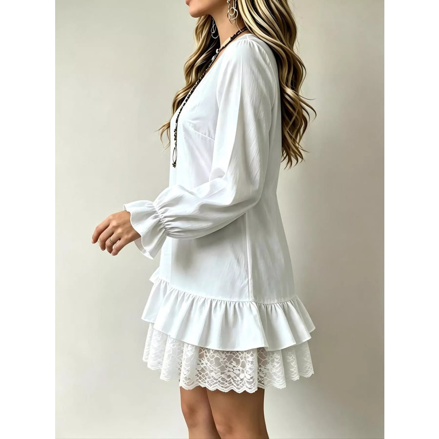 Lace Hem V-Neck Flounce Sleeve Dress Apparel and Accessories